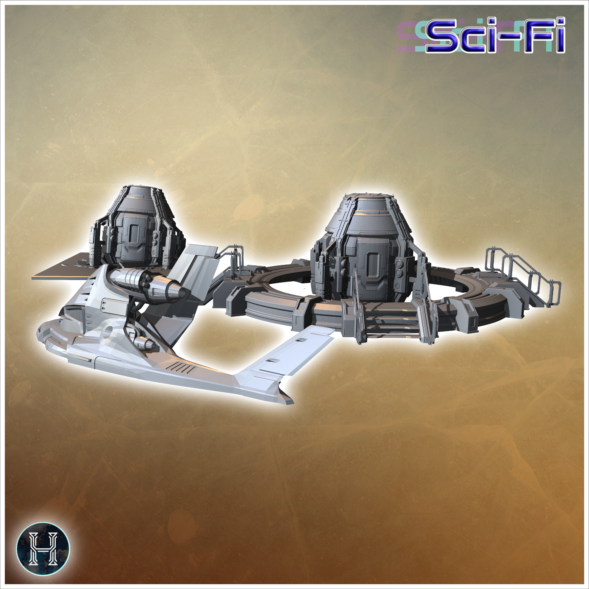 Futuristic escape pod with a satellite communication dishes on raised platforms (3) - Future Sci-Fi SF Post apocalyptic Tabletop Scifi Wargaming Planetary exploration RPG Terrain